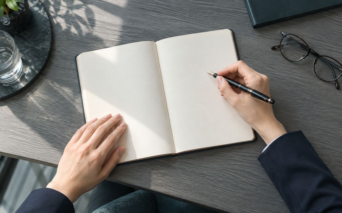 机の上で開いたノートに万年筆で書き始める手元